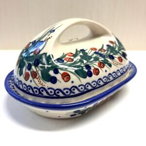 Polish Pottery Stoneware Lidded Butter Dish Red Rose Blue Berry Poland AS IS!
